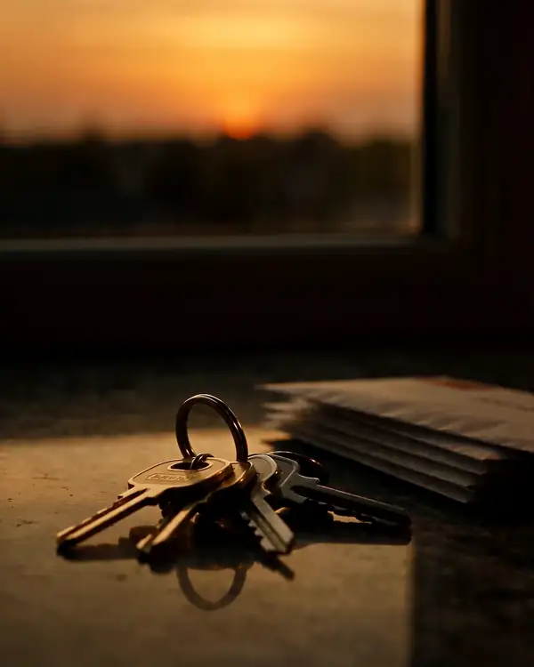 Keys on a windowsill at sunset