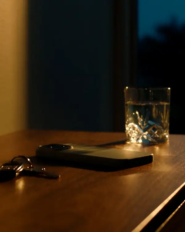 A phone face down on a table at night