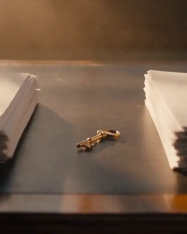 Papers and a key on a desk