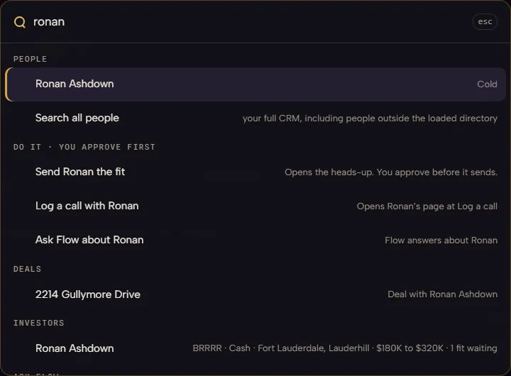 The command bar on a sample seat, searching ronan: Ronan Ashdown under People, then Send Ronan the fit, Log a call with Ronan and Ask Flow about Ronan, his deal and his buy box.