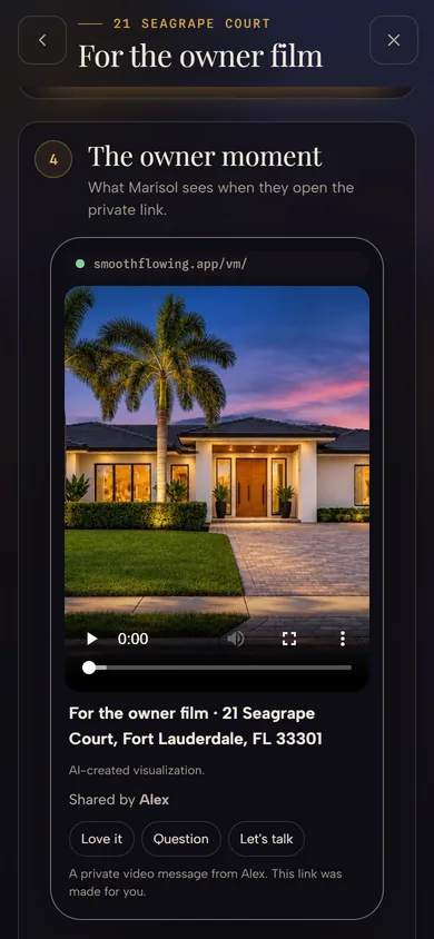 For the owner film on a sample seat, the owner moment: what Marisol sees when she opens the private link, the film of 21 Seagrape Court with Love it, Question and Let's talk.