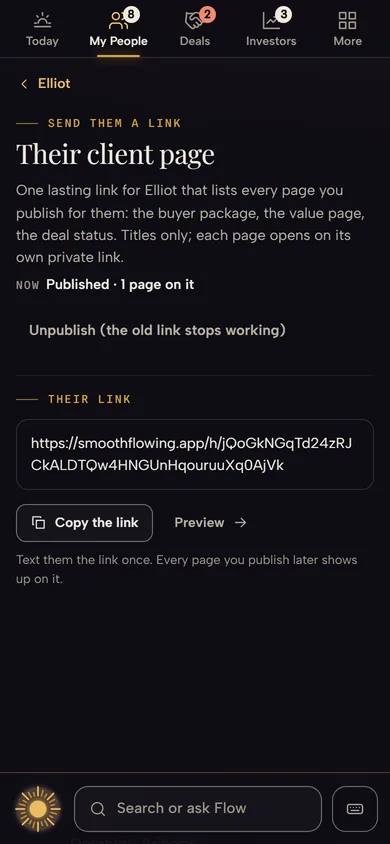 Their client page on a sample seat, from Elliot's page: published with 1 page on it, his link to copy, and Preview.