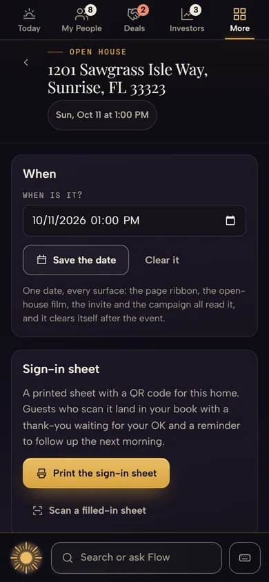 The open house for 1201 Sawgrass Isle Way on a sample seat: Sun, Oct 11 at 1:00 PM, and the sign-in sheet with its QR code, so guests land in your book with a thank-you drafted and a follow-up reminder.