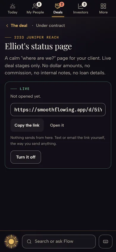 Elliot's status page on a sample seat, from his deal: live, not opened yet, with the link to copy and send. Dates and next steps only, no dollar amounts.