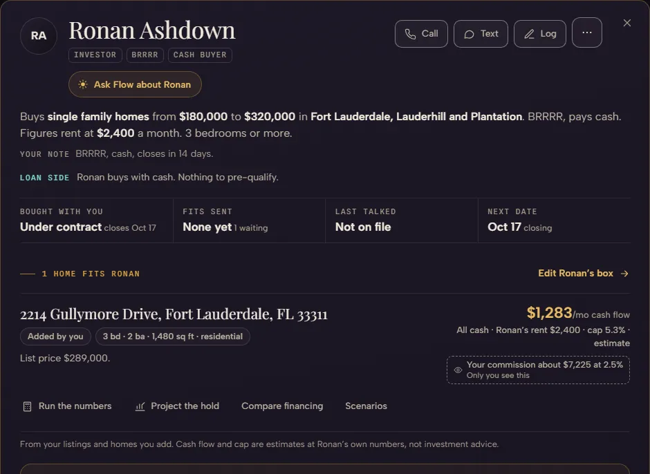 Ronan Ashdown's page on a dual seat: what he buys in a sentence, the loan side in words, Ronan buys with cash, nothing to pre-qualify, and the home that fits him with Run the numbers, Project the hold, Compare financing and Scenarios.