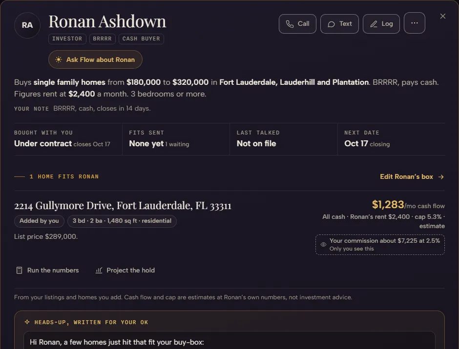 Ronan Ashdown's page on a sample seat: single family homes from $180,000 to $320,000, cash. 1 home fits, 2214 Gullymore Drive, with cash flow as an estimate at his numbers, your commission marked only you see this, and the heads-up written.