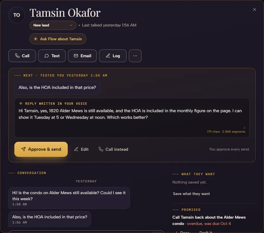 Tamsin Okafor's page on a sample seat. Her text asks whether the HOA is included in the price; under it, the reply written in your voice, ready to send, edit or swap for a call.