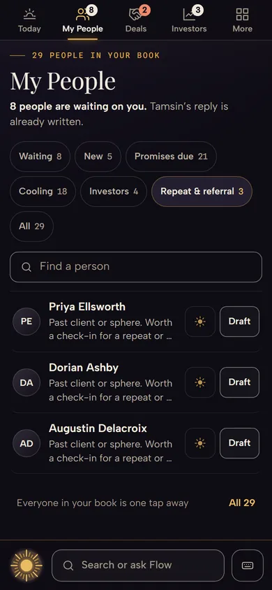 My People on a sample seat, Repeat and referral: Priya Ellsworth, Dorian Ashby and Augustin Delacroix, past clients worth a check-in, each with Draft.