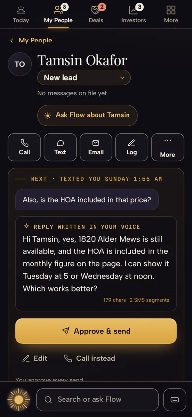Tamsin Okafor's page on a sample seat: her text asks whether the HOA is included in the price, and the reply is already written in your voice under it.
